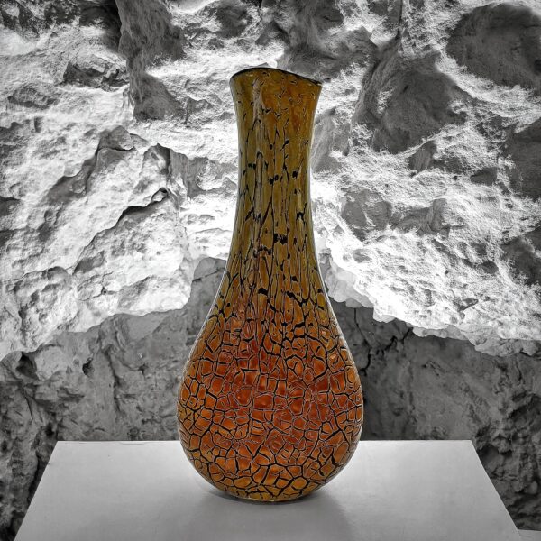 Vase original Croco craquelé couleur noir orangé pièce unique en verre soufflé idée cadeau ou décoration maison bouquet fleur